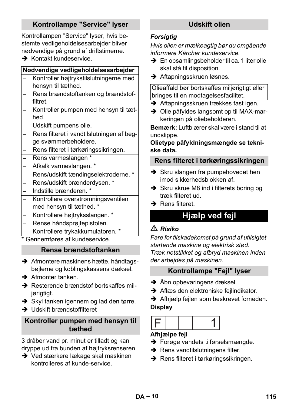 Kontrollampe "service" lyser, Rense brændstoftanken, Kontroller pumpen med hensyn til tæthed | Udskift olien, Rens filteret i tørkøringssikringen, Hjælp ved fejl, Kontrollampe "fejl" lyser | Karcher HDS 2000 SUPER User Manual | Page 115 / 400