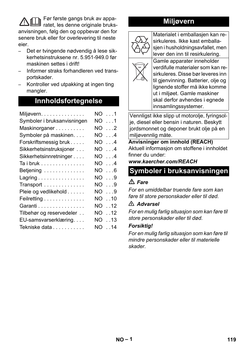 Norsk, Innholdsfortegnelse, Miljøvern | Symboler i bruksanvisningen | Karcher HDS 2000 SUPER User Manual | Page 119 / 400