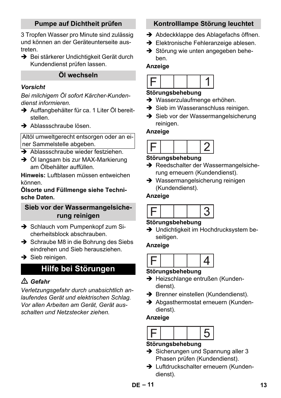 Pumpe auf dichtheit prüfen, Öl wechseln, Sieb vor der wassermangelsicherung reinigen | Hilfe bei störungen, Kontrolllampe störung leuchtet | Karcher HDS 2000 SUPER User Manual | Page 13 / 400