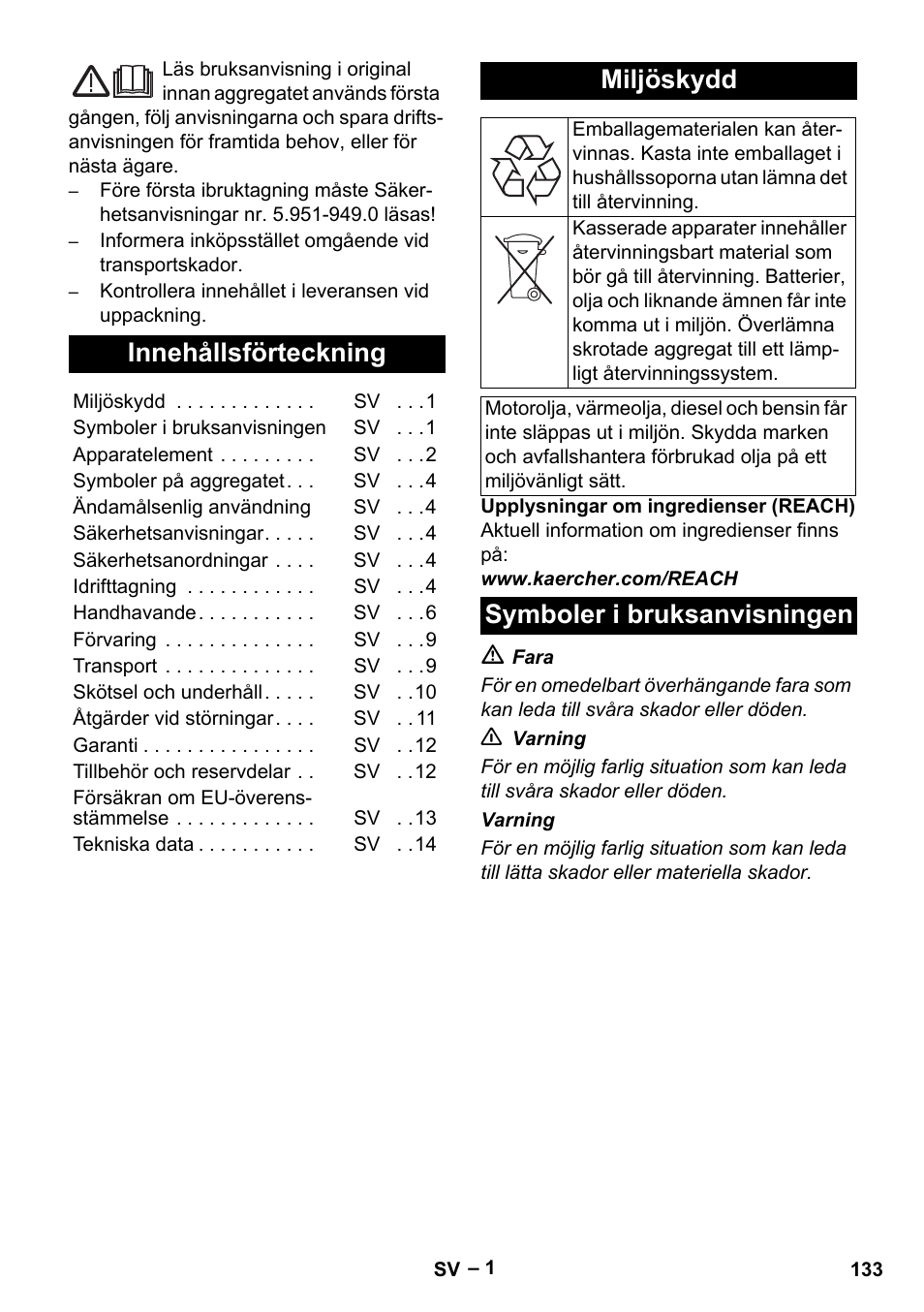 Svenska, Innehållsförteckning, Miljöskydd | Symboler i bruksanvisningen | Karcher HDS 2000 SUPER User Manual | Page 133 / 400