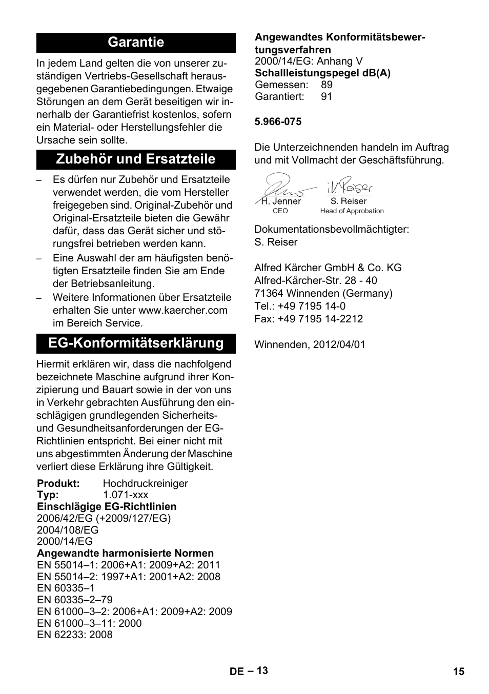 Garantie, Zubehör und ersatzteile, Eg-konformitätserklärung | Karcher HDS 2000 SUPER User Manual | Page 15 / 400