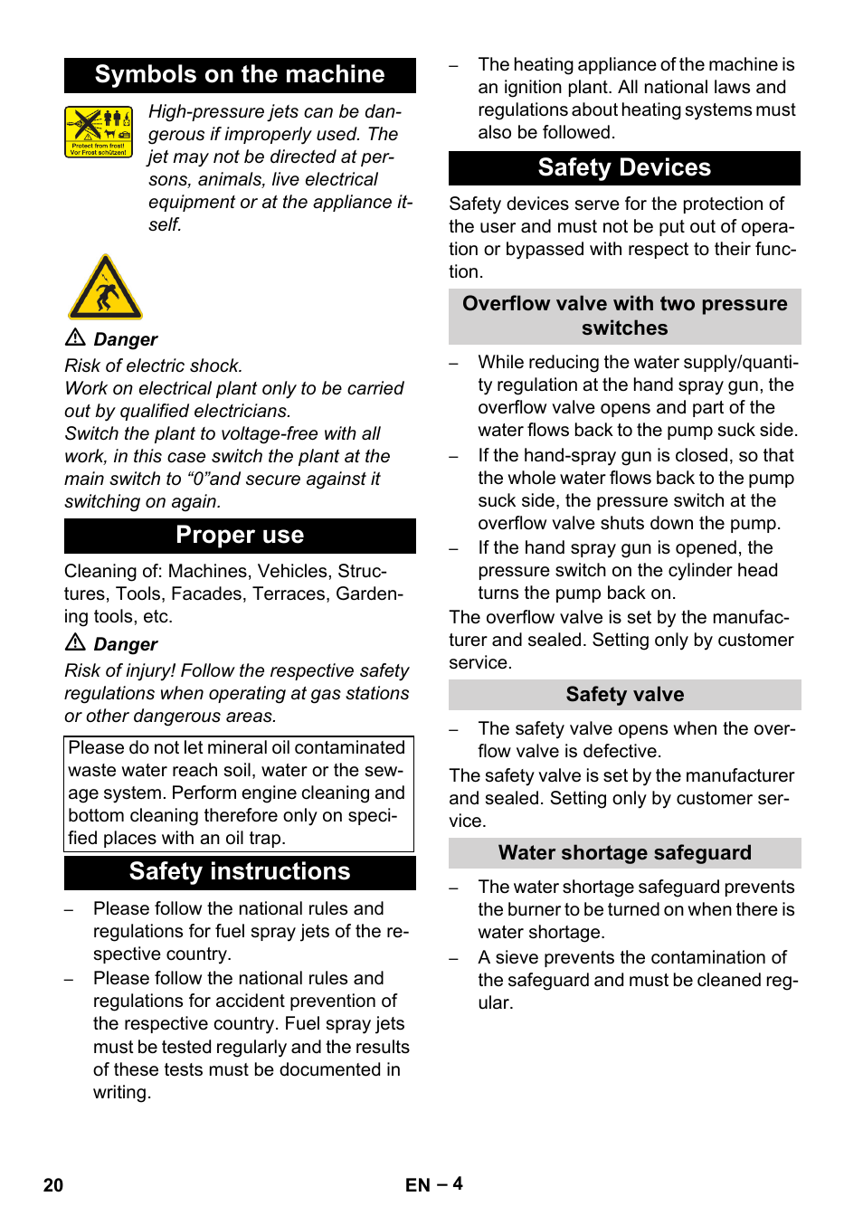 Symbols on the machine, Proper use, Safety instructions | Safety devices, Overflow valve with two pressure switches, Safety valve, Water shortage safeguard, Symbols on the machine proper use, Safety instructions safety devices | Karcher HDS 2000 SUPER User Manual | Page 20 / 400