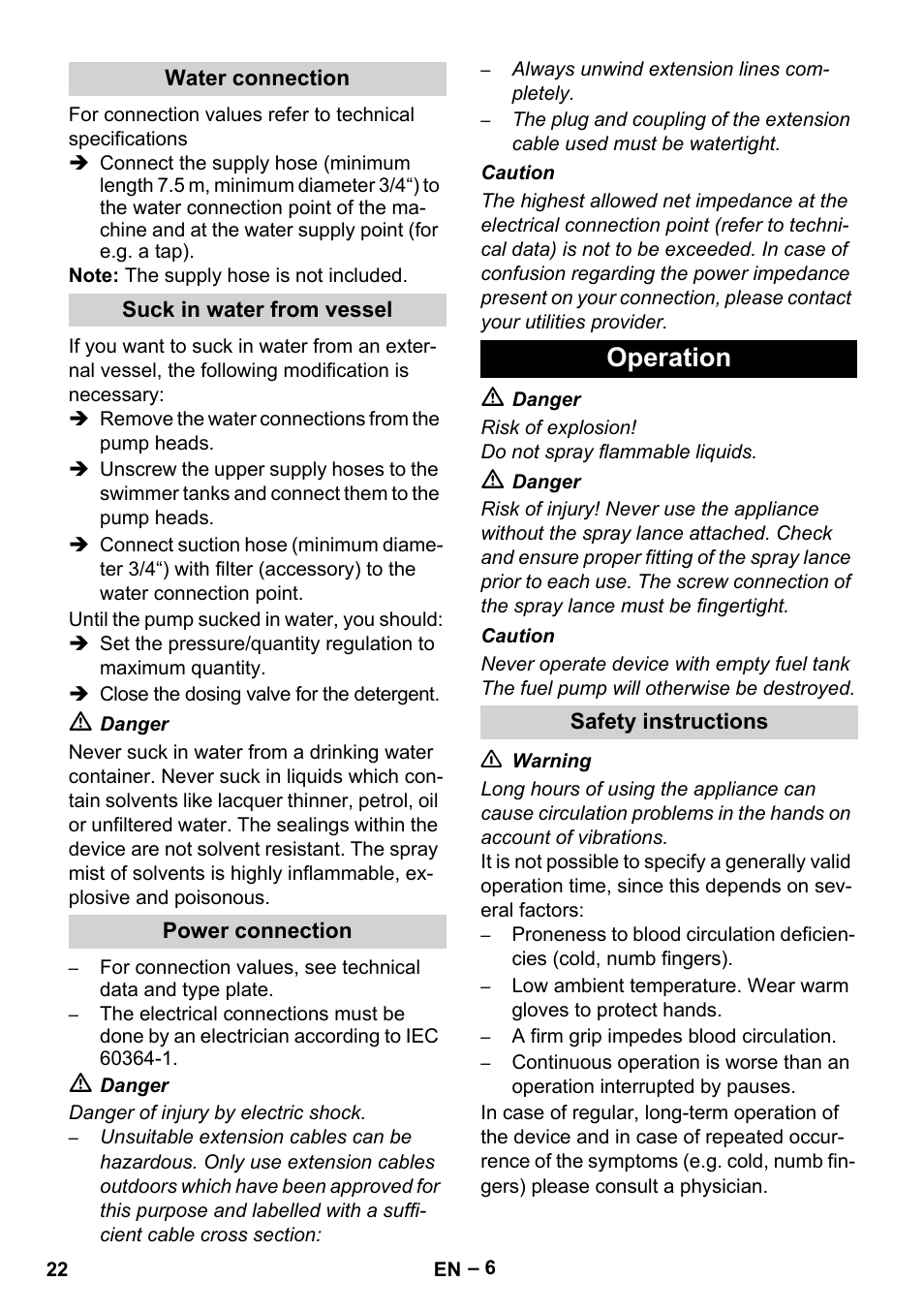 Water connection, Suck in water from vessel, Power connection | Operation, Safety instructions | Karcher HDS 2000 SUPER User Manual | Page 22 / 400