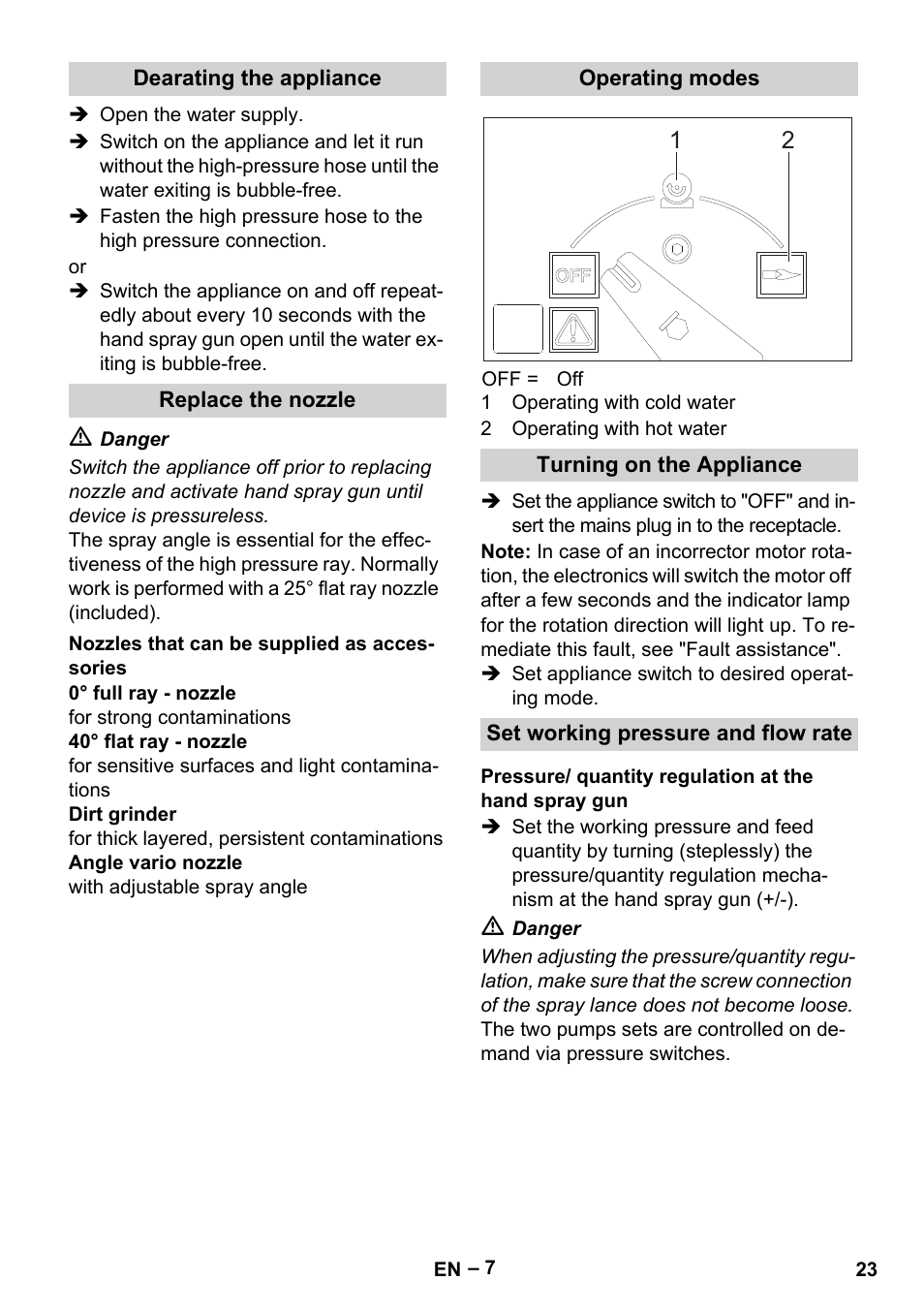 Dearating the appliance, Replace the nozzle, Nozzles that can be supplied as accessories | Operating modes, Turning on the appliance, Set working pressure and flow rate | Karcher HDS 2000 SUPER User Manual | Page 23 / 400