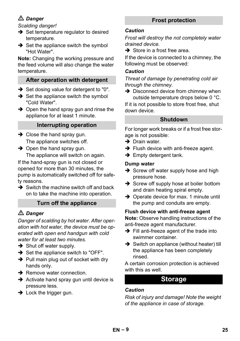 After operation with detergent, Interrupting operation, Turn off the appliance | Frost protection, Shutdown, Dump water, Flush device with anti-freeze agent, Storage | Karcher HDS 2000 SUPER User Manual | Page 25 / 400