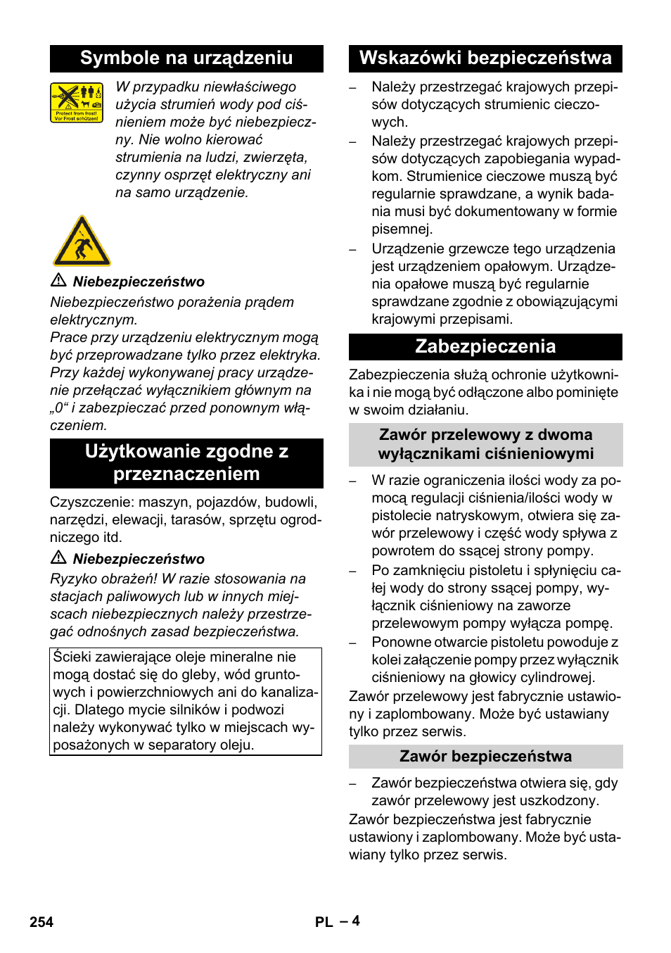 Symbole na urządzeniu, Użytkowanie zgodne z przeznaczeniem, Wskazówki bezpieczeństwa | Zabezpieczenia, Zawór bezpieczeństwa, Wskazówki bezpieczeństwa zabezpieczenia | Karcher HDS 2000 SUPER User Manual | Page 254 / 400