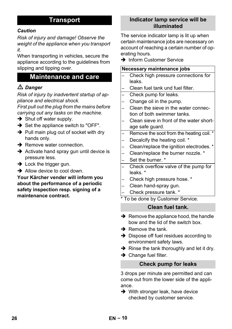 Transport, Maintenance and care, Indicator lamp service will be illuminated | Clean fuel tank, Check pump for leaks, Transport maintenance and care | Karcher HDS 2000 SUPER User Manual | Page 26 / 400