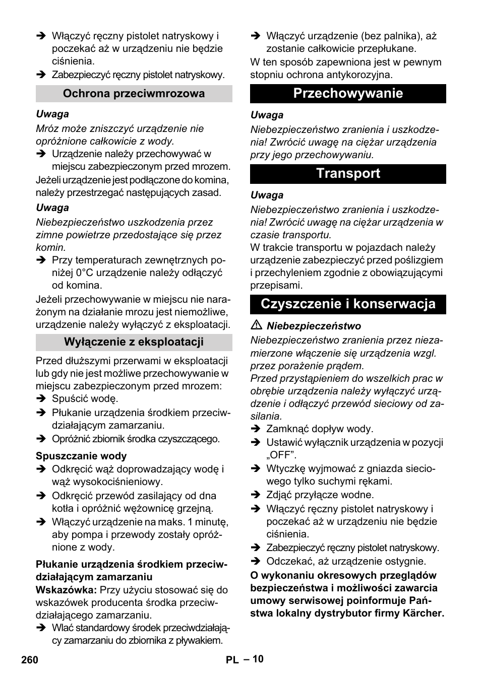 Ochrona przeciwmrozowa, Wyłączenie z eksploatacji, Spuszczanie wody | Przechowywanie, Transport, Czyszczenie i konserwacja, Przechowywanie transport czyszczenie i konserwacja | Karcher HDS 2000 SUPER User Manual | Page 260 / 400