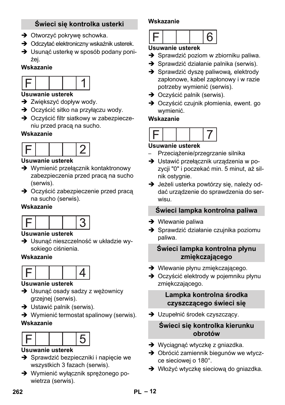 Świeci się kontrolka usterki, Świeci lampka kontrolna paliwa, Świeci lampka kontrolna płynu zmiękczającego | Lampka kontrolna środka czyszczącego świeci się, Świeci się kontrolka kierunku obrotów | Karcher HDS 2000 SUPER User Manual | Page 262 / 400