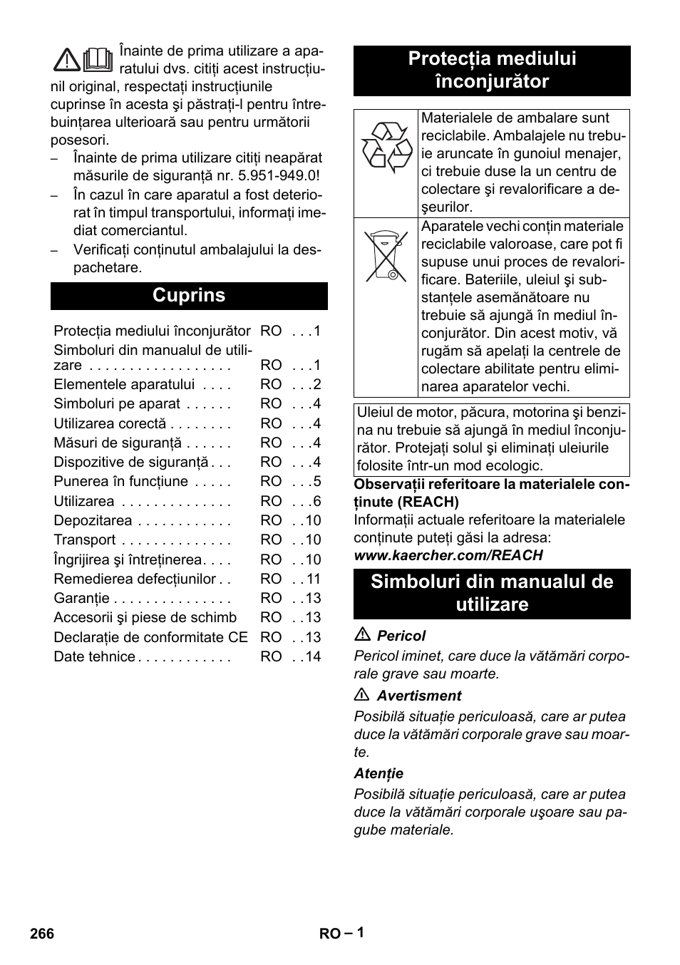 Româneşte, Cuprins, Protecţia mediului înconjurător | Simboluri din manualul de utilizare | Karcher HDS 2000 SUPER User Manual | Page 266 / 400