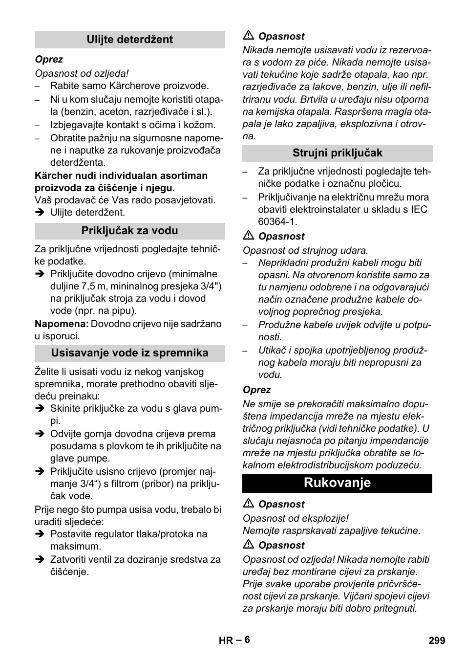 Ulijte deterdžent, Priključak za vodu, Usisavanje vode iz spremnika | Strujni priključak, Rukovanje | Karcher HDS 2000 SUPER User Manual | Page 299 / 400