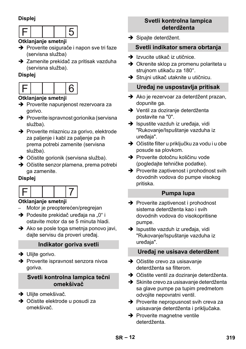 Indikator goriva svetli, Svetli kontrolna lampica tečni omekšivač, Svetli kontrolna lampica deterdženta | Svetli indikator smera obrtanja, Uređaj ne uspostavlja pritisak, Pumpa lupa, Uređaj ne usisava deterdžent | Karcher HDS 2000 SUPER User Manual | Page 319 / 400