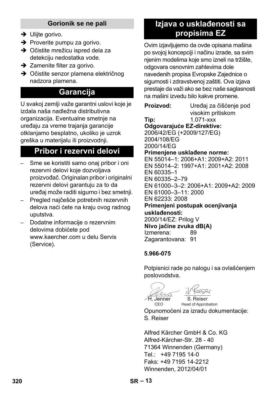 Gorionik se ne pali, Garancija, Pribor i rezervni delovi | Izjava o usklađenosti sa propisima ez | Karcher HDS 2000 SUPER User Manual | Page 320 / 400