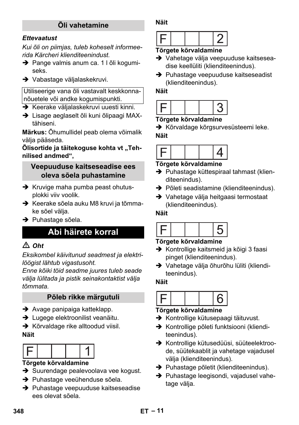 Õli vahetamine, Abi häirete korral, Põleb rikke märgutuli | Karcher HDS 2000 SUPER User Manual | Page 348 / 400