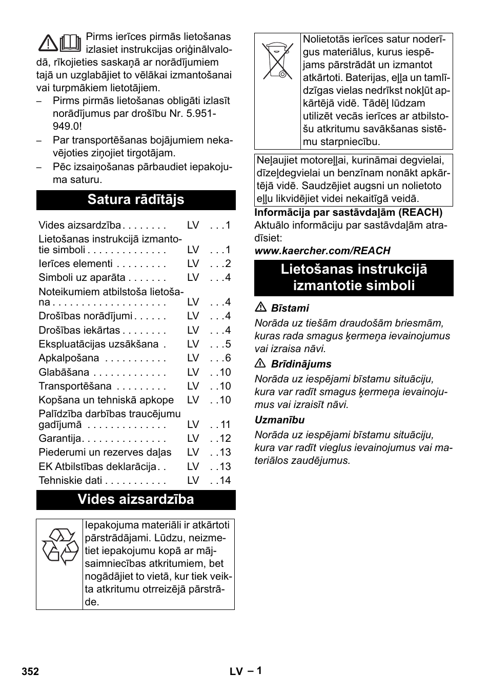 Latviešu, Satura rādītājs, Vides aizsardzība | Lietošanas instrukcijā izmantotie simboli | Karcher HDS 2000 SUPER User Manual | Page 352 / 400