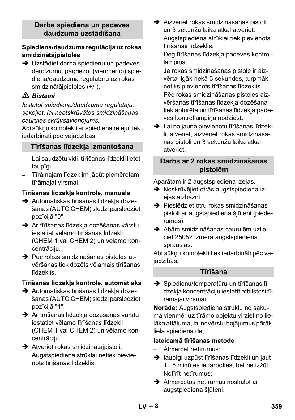 Darba spiediena un padeves daudzuma uzstādīšana, Tīrīšanas līdzekļa izmantošana, Tīrīšanas līdzekļa kontrole, manuāla | Tīrīšanas līdzekļa kontrole, automātiska, Darbs ar 2 rokas smidzināšanas pistolēm, Tīrīšana, Ieteicamā tīrīšanas metode | Karcher HDS 2000 SUPER User Manual | Page 359 / 400