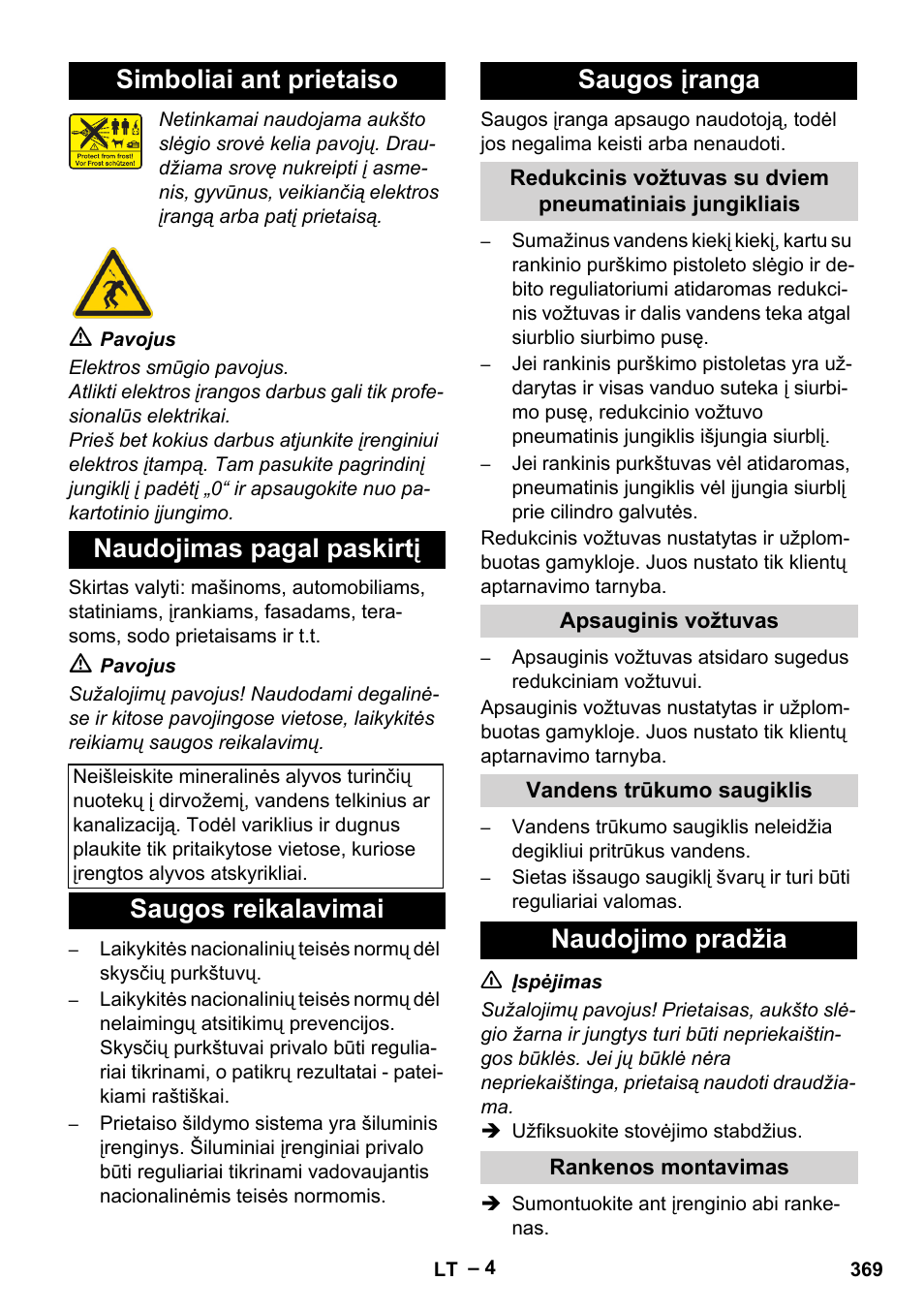 Simboliai ant prietaiso, Naudojimas pagal paskirtį, Saugos reikalavimai | Saugos įranga, Apsauginis vožtuvas, Vandens trūkumo saugiklis, Naudojimo pradžia, Rankenos montavimas, Simboliai ant prietaiso naudojimas pagal paskirtį, Saugos reikalavimai saugos įranga | Karcher HDS 2000 SUPER User Manual | Page 369 / 400