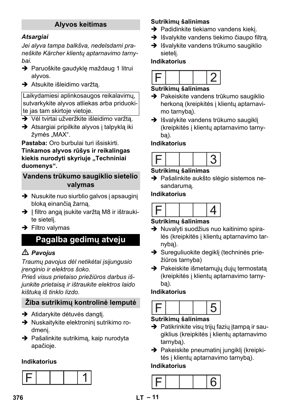 Alyvos keitimas, Vandens trūkumo saugiklio sietelio valymas, Pagalba gedimų atveju | Žiba sutrikimų kontrolinė lemputė | Karcher HDS 2000 SUPER User Manual | Page 376 / 400