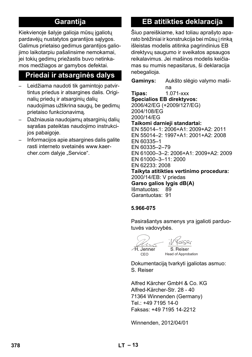 Garantija, Priedai ir atsarginės dalys, Eb atitikties deklaracija | Karcher HDS 2000 SUPER User Manual | Page 378 / 400