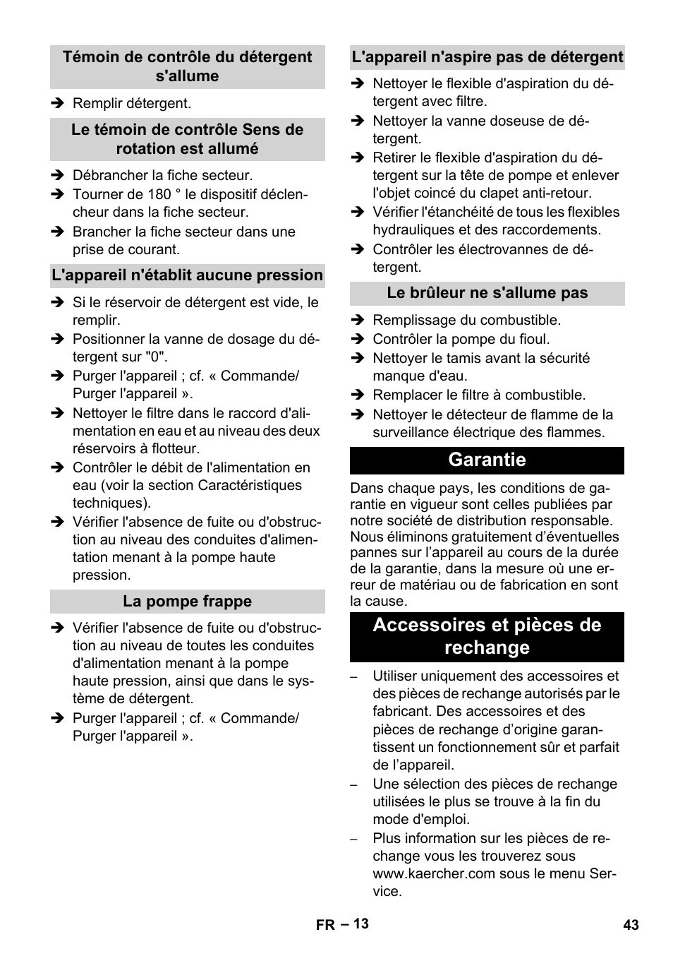 Témoin de contrôle du détergent s'allume, Le témoin de contrôle sens de rotation est allumé, L'appareil n'établit aucune pression | La pompe frappe, L'appareil n'aspire pas de détergent, Le brûleur ne s'allume pas, Garantie, Accessoires et pièces de rechange, Garantie accessoires et pièces de rechange | Karcher HDS 2000 SUPER User Manual | Page 43 / 400