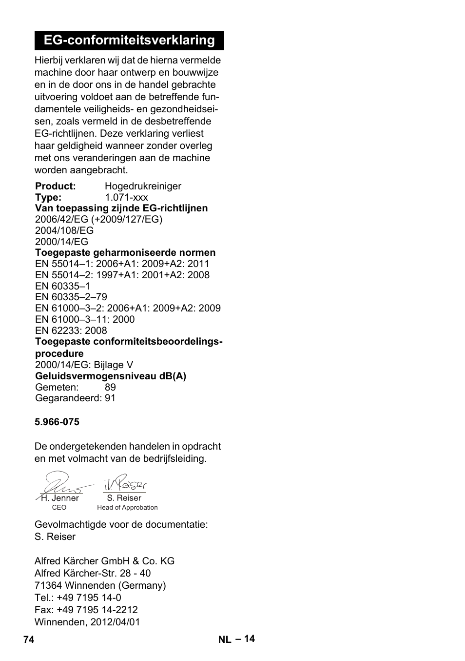 Eg-conformiteitsverklaring | Karcher HDS 2000 SUPER User Manual | Page 74 / 400