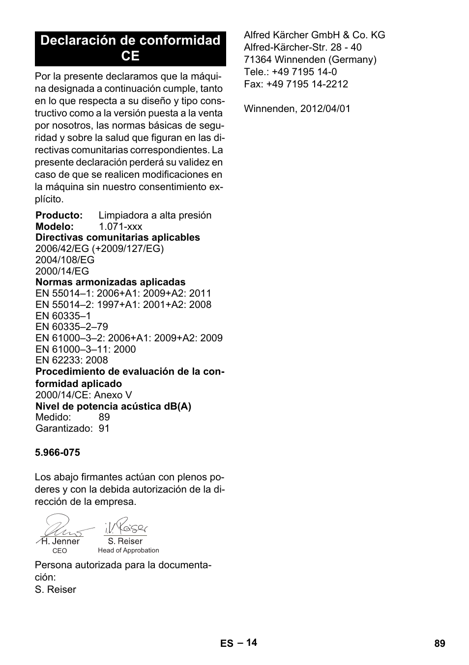 Declaración de conformidad ce | Karcher HDS 2000 SUPER User Manual | Page 89 / 400
