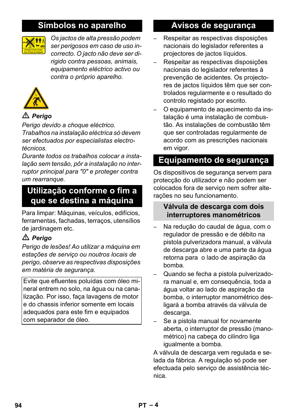 Símbolos no aparelho, Avisos de segurança, Equipamento de segurança | Avisos de segurança equipamento de segurança | Karcher HDS 2000 SUPER User Manual | Page 94 / 400