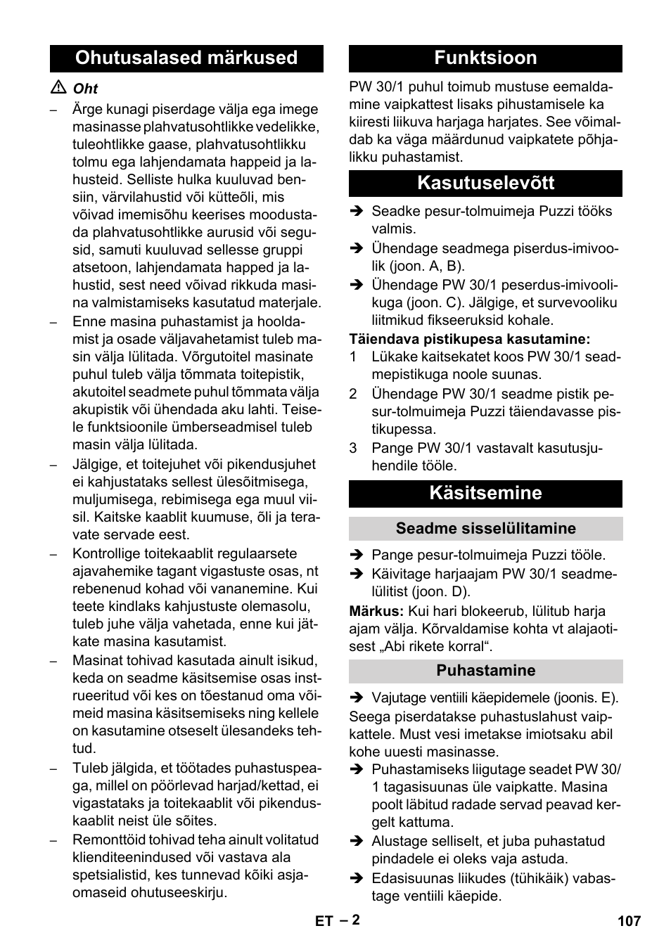 Ohutusalased märkused, Funktsioon, Kasutuselevõtt | Käsitsemine, Seadme sisselülitamine, Puhastamine | Karcher PW 30-1 User Manual | Page 107 / 128