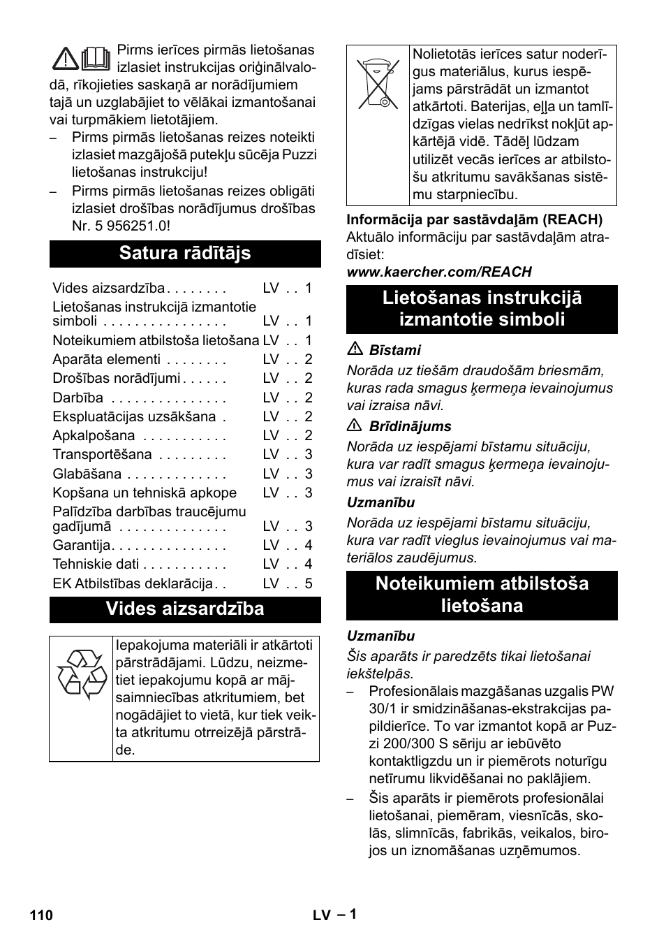 Latviešu, Satura rādītājs, Vides aizsardzība | Lietošanas instrukcijā izmantotie simboli, Noteikumiem atbilstoša lietošana | Karcher PW 30-1 User Manual | Page 110 / 128