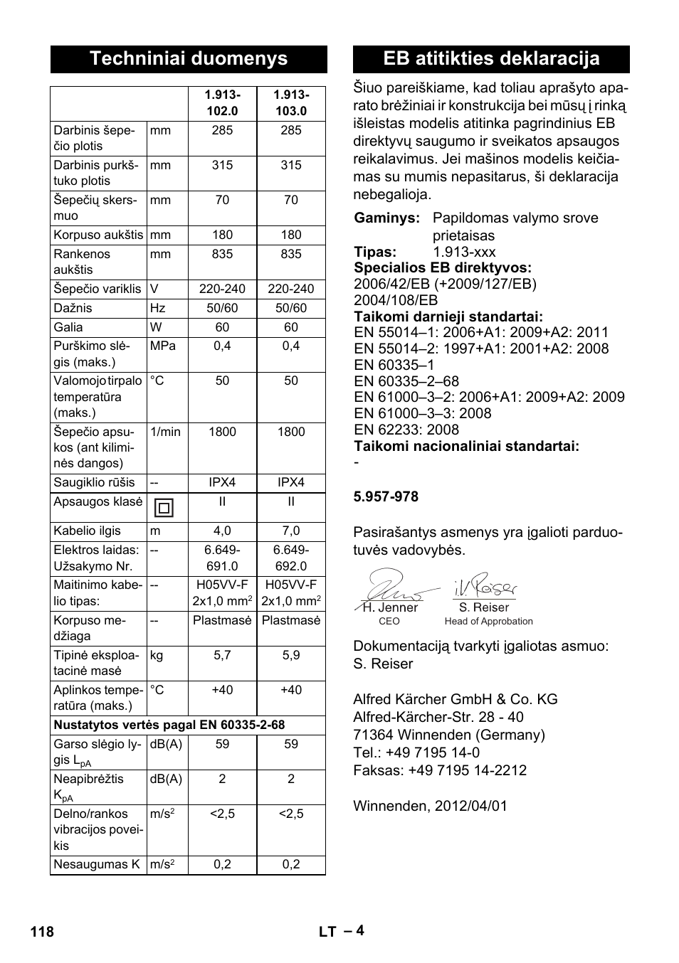 Techniniai duomenys, Eb atitikties deklaracija | Karcher PW 30-1 User Manual | Page 118 / 128