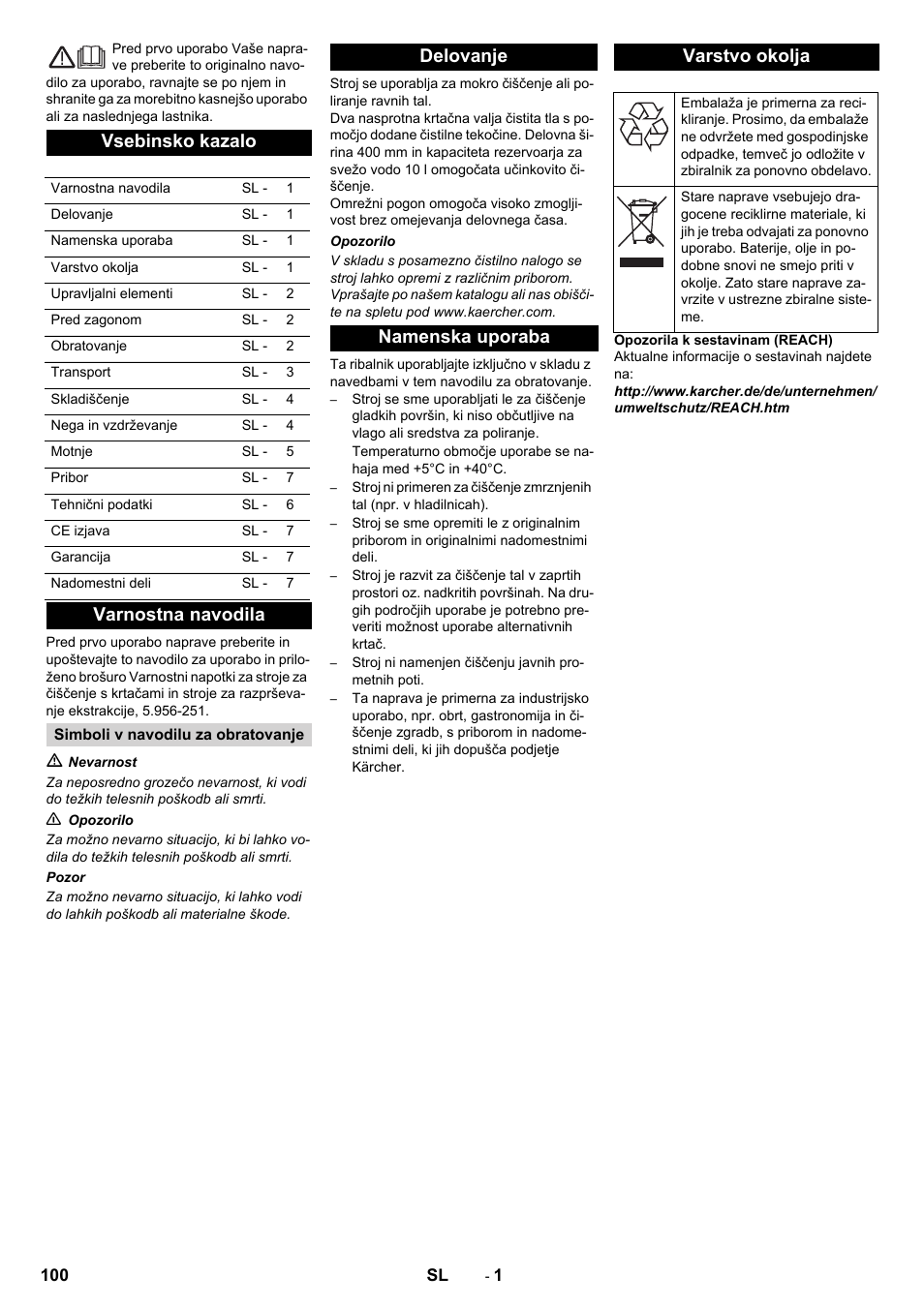 Slovenščina, Slovenšina, Vsebinsko kazalo | Varnostna navodila, Delovanje namenska uporaba varstvo okolja | Karcher BRS 40-1000C EU User Manual | Page 100 / 168