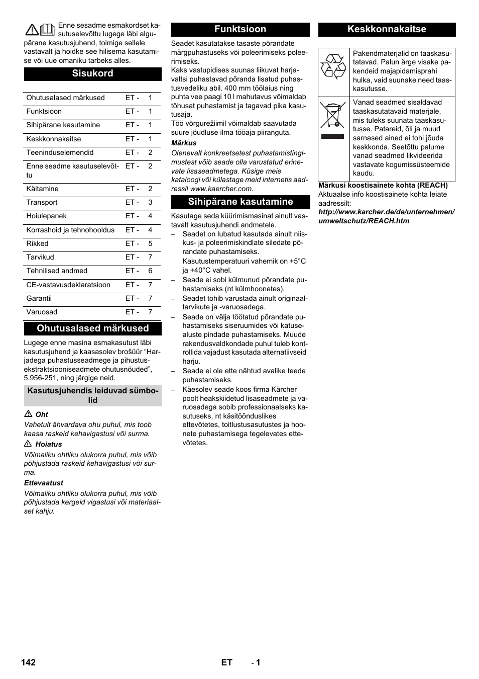 Eesti, Sisukord, Ohutusalased märkused | Funktsioon sihipärane kasutamine keskkonnakaitse | Karcher BRS 40-1000C EU User Manual | Page 142 / 168