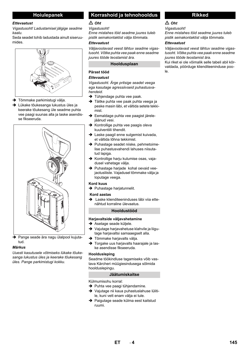 Hoiulepanek korrashoid ja tehnohooldus, Rikked | Karcher BRS 40-1000C EU User Manual | Page 145 / 168