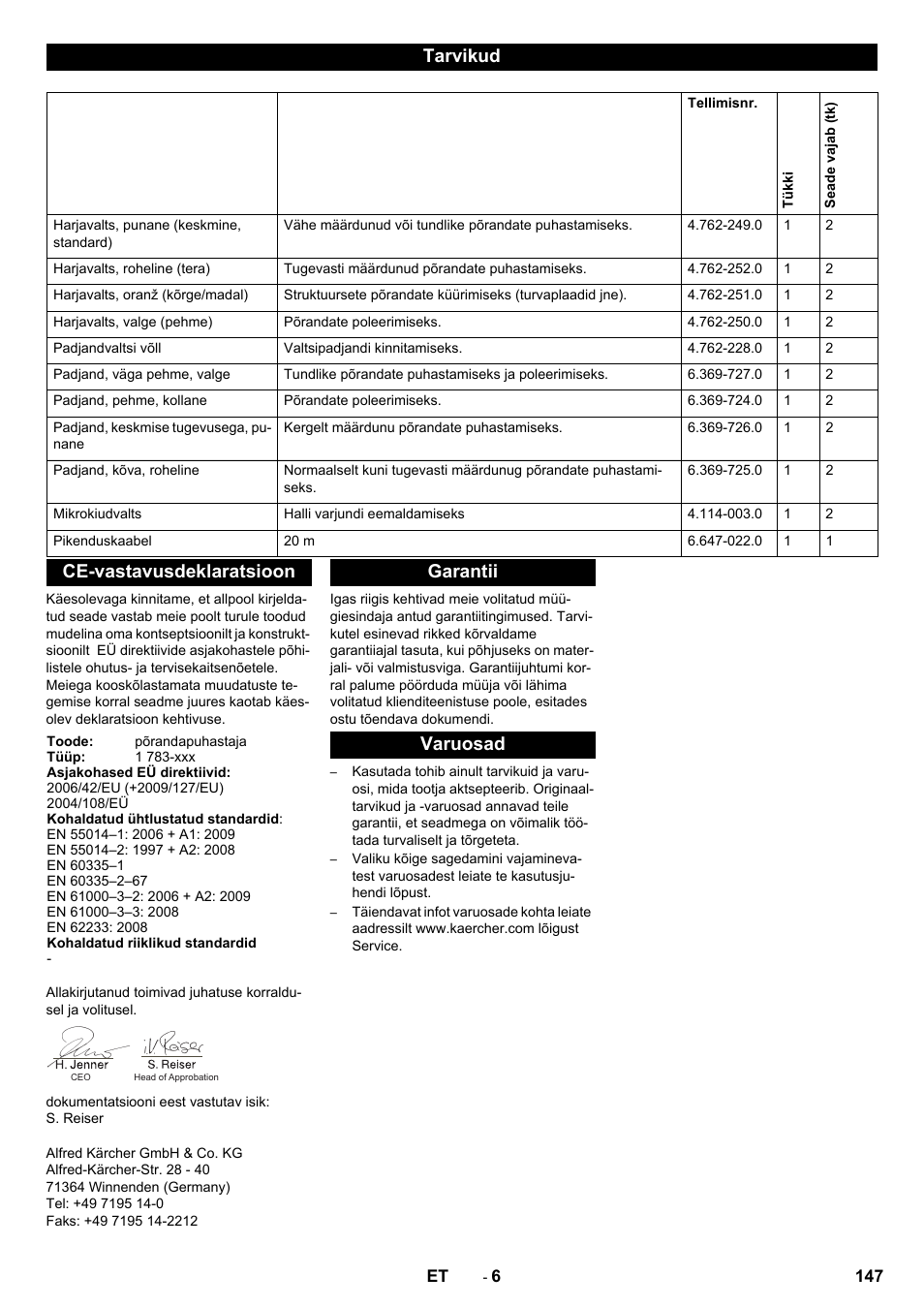 Tarvikud, Ce-vastavusdeklaratsioon, Garantii varuosad | Karcher BRS 40-1000C EU User Manual | Page 147 / 168