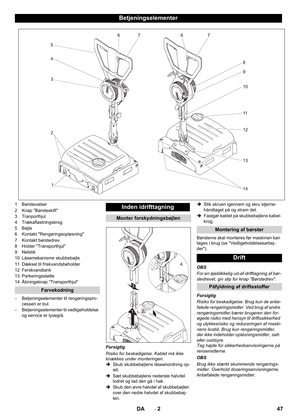 Betjeningselementer, Inden idrifttagning, Drift | Karcher BRS 40-1000C EU User Manual | Page 47 / 168