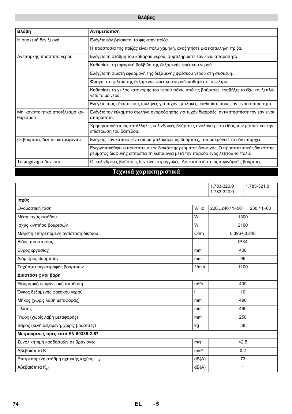 Τεχνικά χαρακτηριστικά | Karcher BRS 40-1000C EU User Manual | Page 74 / 168