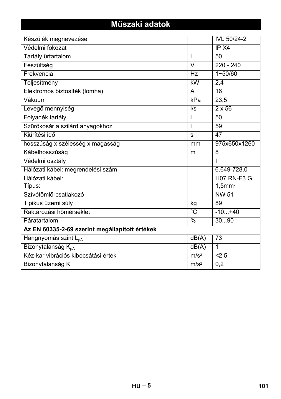 Műszaki adatok | Karcher IVL 50-24-2 User Manual | Page 101 / 192