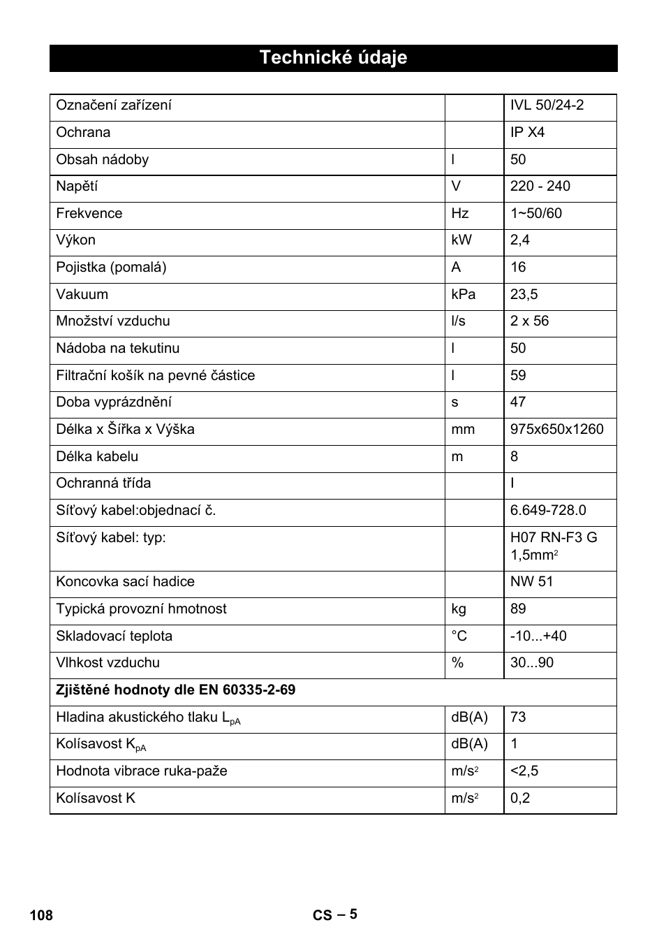 Technické údaje | Karcher IVL 50-24-2 User Manual | Page 108 / 192