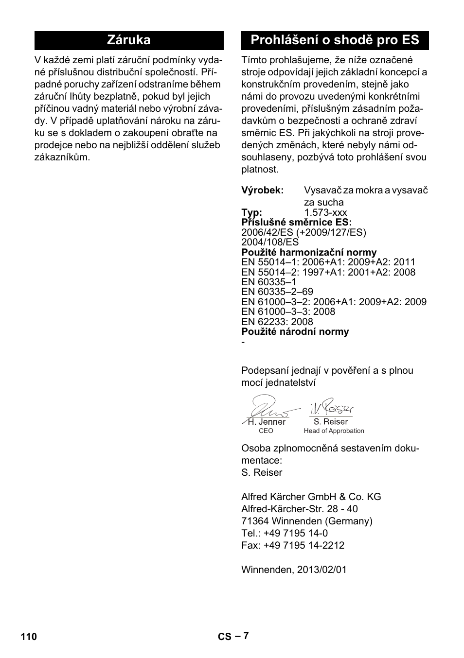 Záruka prohlášení o shodě pro es | Karcher IVL 50-24-2 User Manual | Page 110 / 192