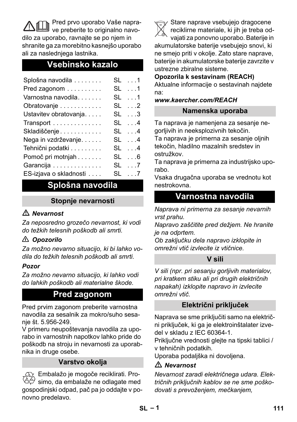 Slovenščina, Vsebinsko kazalo, Splošna navodila | Pred zagonom, Varnostna navodila | Karcher IVL 50-24-2 User Manual | Page 111 / 192