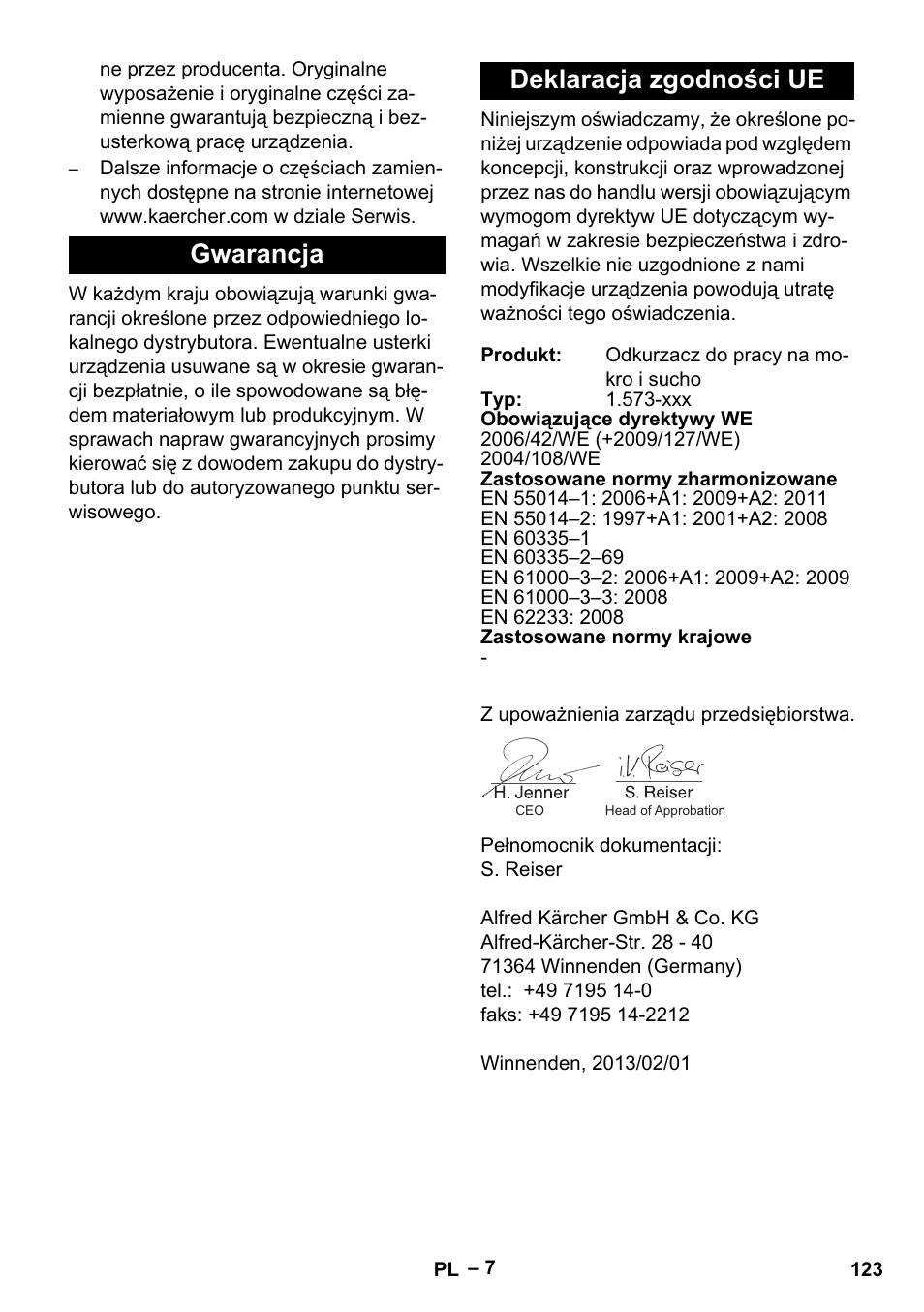Gwarancja deklaracja zgodności ue | Karcher IVL 50-24-2 User Manual | Page 123 / 192