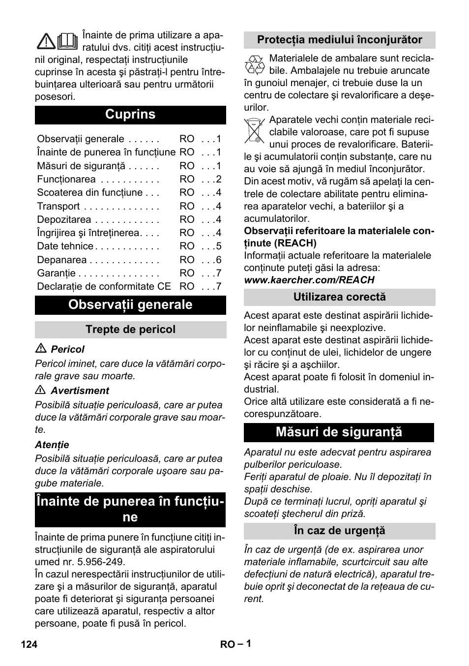 Româneşte, Cuprins, Observaţii generale | Înainte de punerea în funcţiu- ne, Măsuri de siguranţă | Karcher IVL 50-24-2 User Manual | Page 124 / 192
