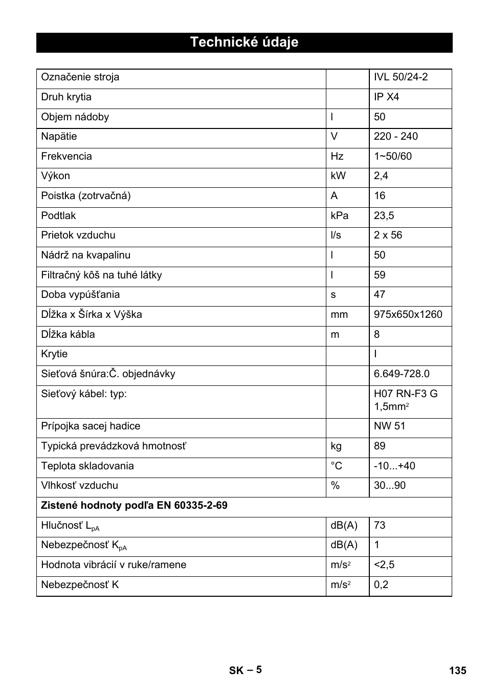 Technické údaje | Karcher IVL 50-24-2 User Manual | Page 135 / 192