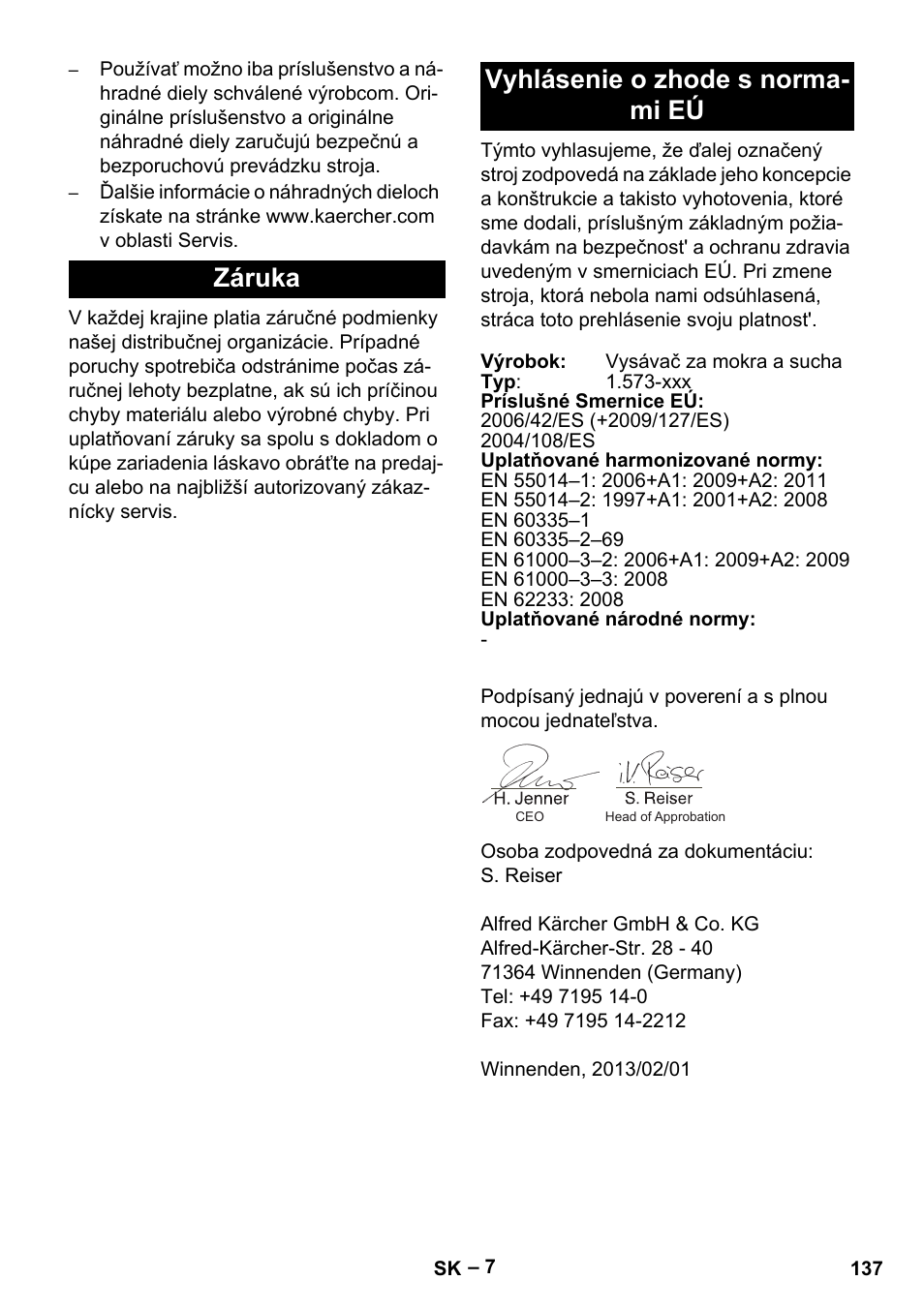 Záruka vyhlásenie o zhode s norma- mi eú | Karcher IVL 50-24-2 User Manual | Page 137 / 192