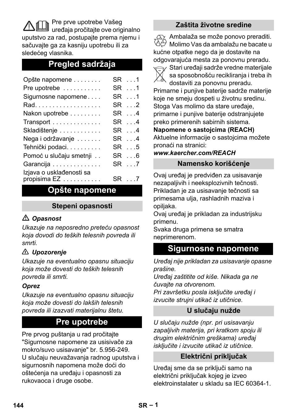 Srpski, Pregled sadržaja, Opšte napomene | Pre upotrebe, Sigurnosne napomene | Karcher IVL 50-24-2 User Manual | Page 144 / 192