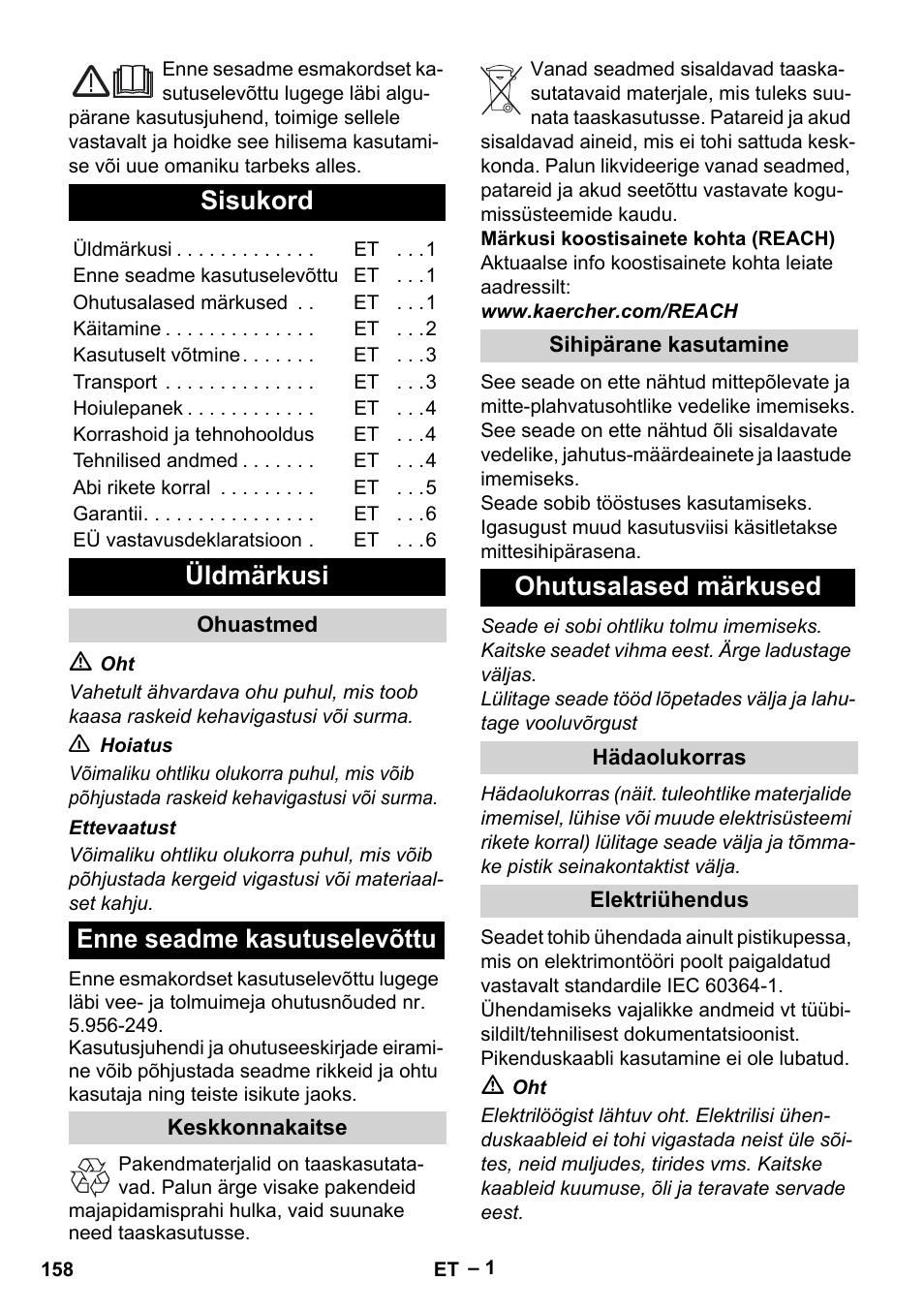 Eesti, Sisukord, Üldmärkusi | Enne seadme kasutuselevõttu, Ohutusalased märkused | Karcher IVL 50-24-2 User Manual | Page 158 / 192