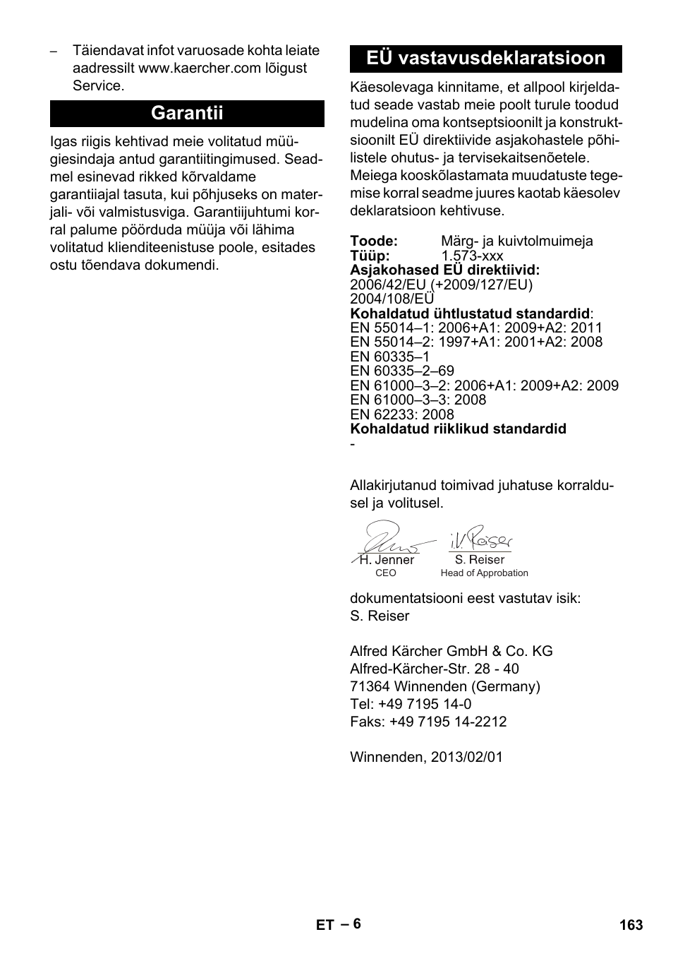 Garantii eü vastavusdeklaratsioon | Karcher IVL 50-24-2 User Manual | Page 163 / 192