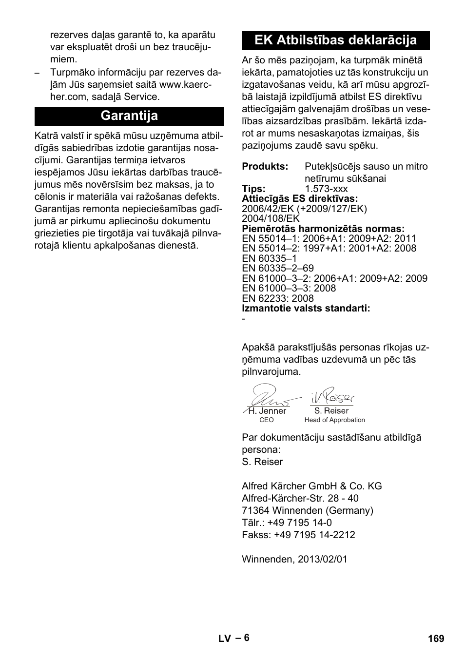 Garantija ek atbilstības deklarācija | Karcher IVL 50-24-2 User Manual | Page 169 / 192