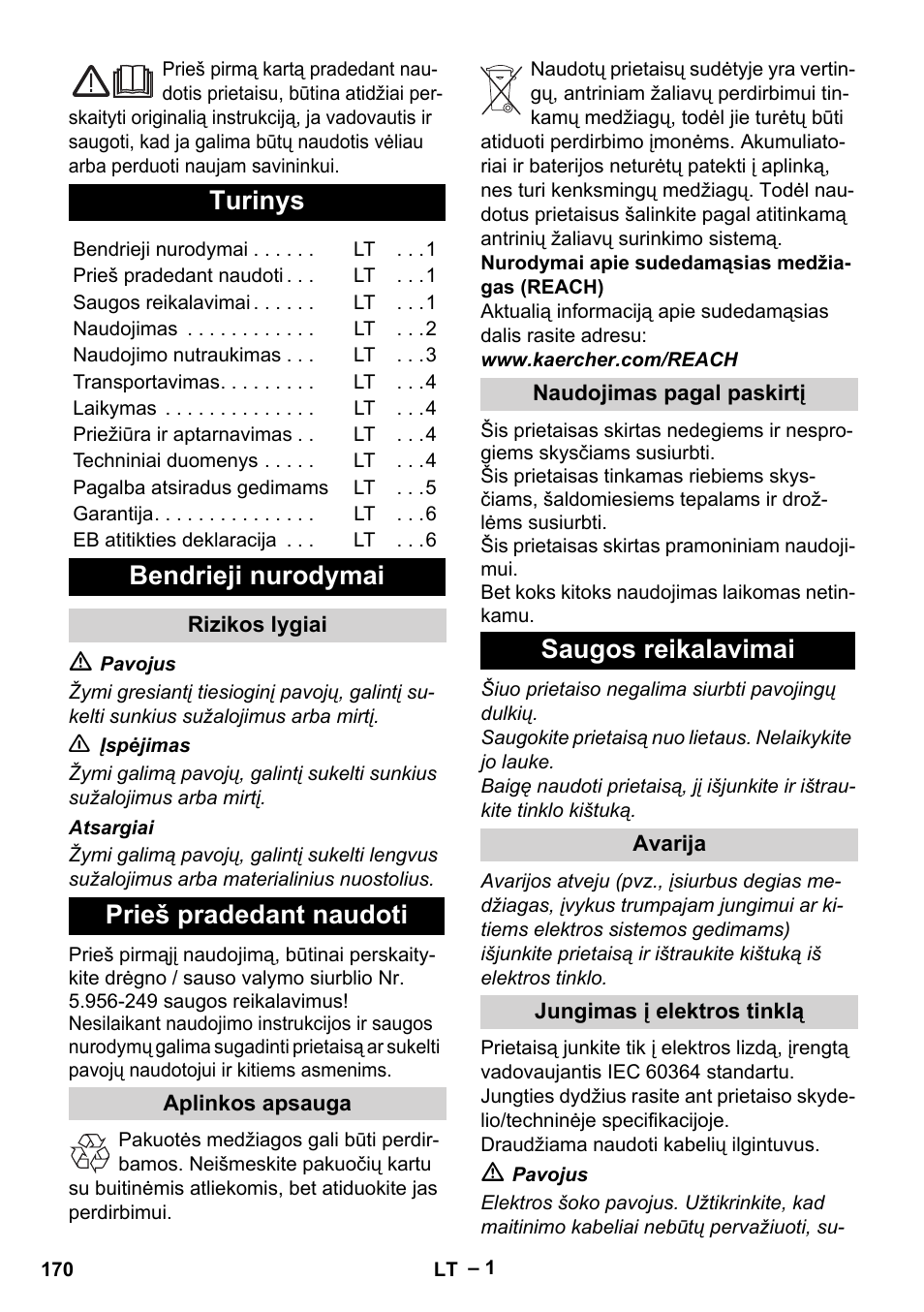 Lietuviškai, Turinys, Bendrieji nurodymai | Prieš pradedant naudoti, Saugos reikalavimai | Karcher IVL 50-24-2 User Manual | Page 170 / 192