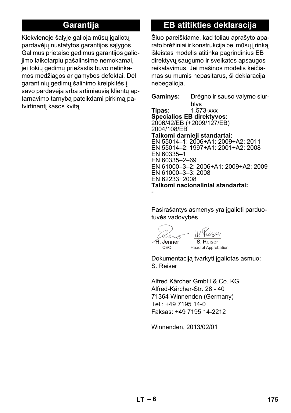 Garantija eb atitikties deklaracija | Karcher IVL 50-24-2 User Manual | Page 175 / 192